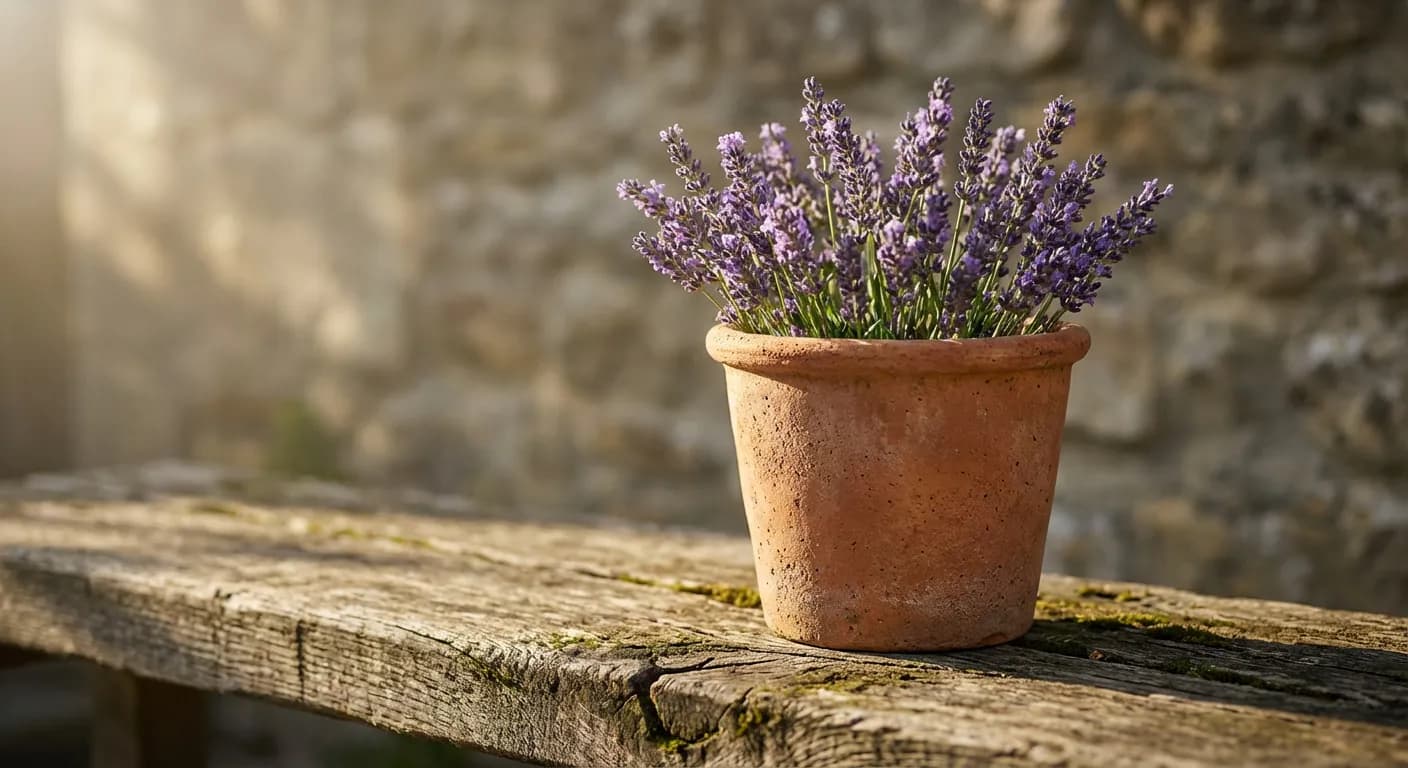 La maison campagnarde : guide du charme et du rustique Détail décoratif iconique d'une maison campagnarde avec lavande et bois brut