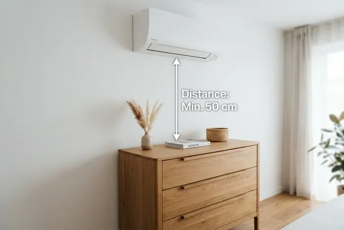 Distance meuble sous climatisation : les règles - Placer un meuble sous une clim : les 3 erreurs ! - Quelle distance respecter sous une climatisation ? Infographie montrant la distance minimale de 50 cm sous un climatiseur mural