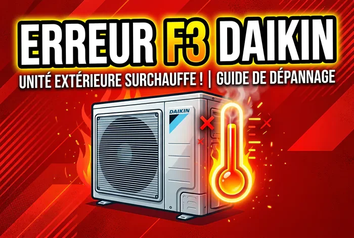 Code erreur F3 Daikin : causes, prix et solutions - Résoudre l'Erreur F3 Daikin : 4 Causes & Prix 2026 - Clim Daikin en Erreur F3 ? Diagnostic et Réparation Infographie erreur F3 sur surchauffe climatiseur Daikin