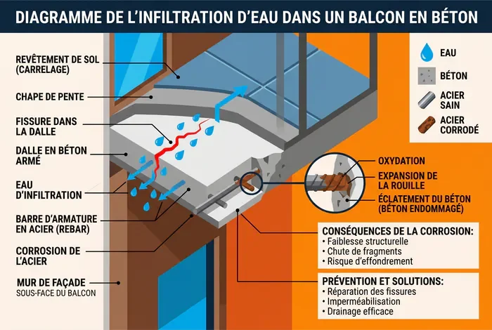 Fissure sur un balcon : diagnostic, risques et travaux - Fissure balcon : 4 étapes simples pour éviter le pire - Fissure sur votre balcon : est-ce dangereux ? Que faire ? Schéma explicatif de l'infiltration d'eau dans la structure en béton d'un balcon