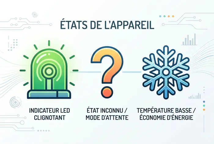 Hitachi Frost Wash qui clignote : Panne ou nettoyage ? - Voyant Frost Wash Hitachi : 3 Étapes pour Stopper la LED - Voyant Frost Wash qui clignote : Pourquoi et que faire ? Infographie illustrant un voyant LED vert clignotant avec un point d'interrogation et un flocon de neige