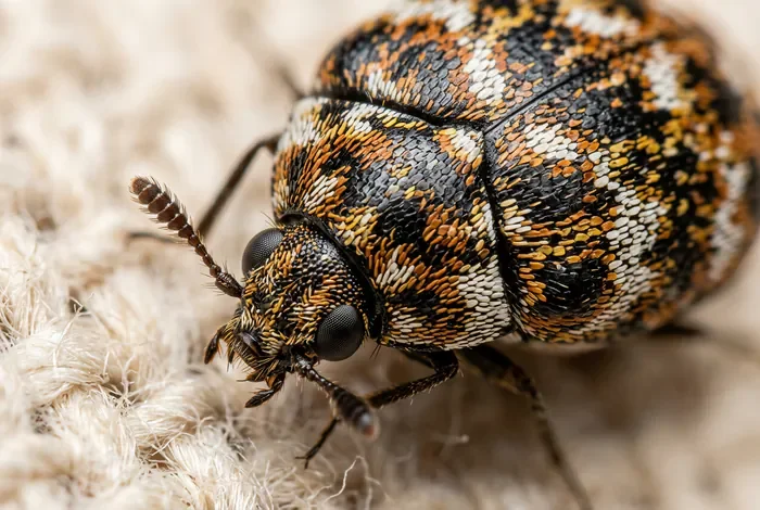 Petit insecte noir rond : éliminer l'anthrène facilement - Anthrène : le guide ultime pour l'éliminer en 4 étapes - Insecte noir rond dans la maison : punaise ou anthrène ? Gros plan sur un coléoptère anthrène des tapis