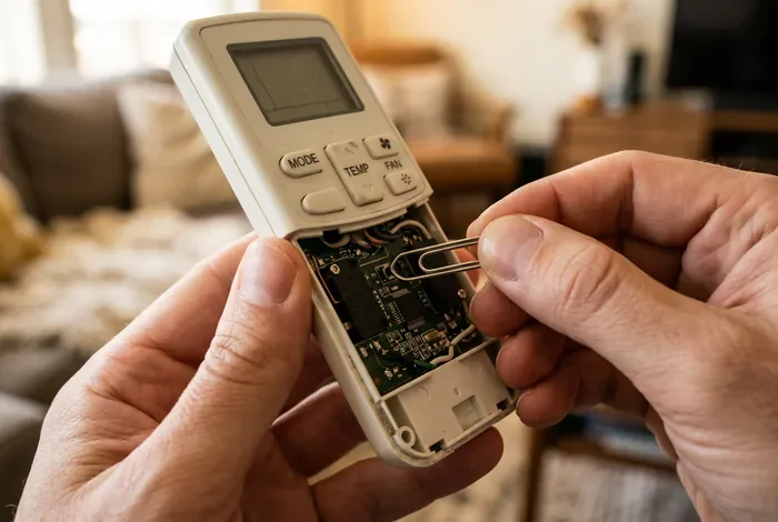 Réinitialiser la clim Airton : 3 méthodes - Clim Airton Bloquée ? 3 Astuces pour la Reset - Comment réinitialiser une clim Airton ? Le Guide Gros plan sur la réinitialisation d'une télécommande de climatisation avec un trombone