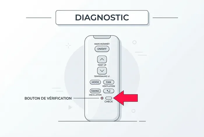 Clim Panasonic voyant timer qui clignote : que faire ? - Timer Panasonic clignote ? 4 étapes pour réparer vite ! - Pourquoi votre clim Panasonic clignote et comment fixer ? Infographie expliquant comment appuyer sur le bouton CHECK de la télécommande Panasonic