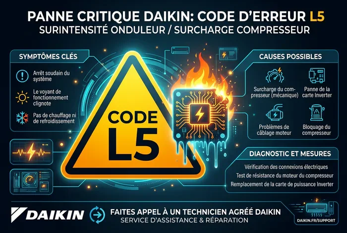 Code erreur L5 Daikin : Causes, Solutions et Prix - Code L5 Daikin : 4 Solutions et Tarifs Réparations - Erreur L5 Daikin : Comment Dépanner votre PAC ? Vignette explicative du code d'erreur L5 Daikin