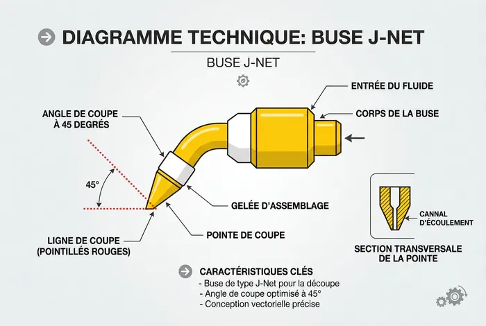 Comment utiliser le Bec J-Net Gros Travaux ? - Bec J-Net Gros Travaux : Le Guide Ultime en 4 Étapes - Bouchons de mortier ? Réussir son Bec J-Net Facilement Schéma infographique montrant l'angle de coupe à 45 degrés pour l'embout d'un bec J-Net.