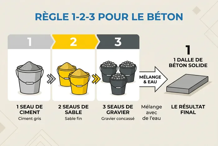 Dosage du béton pour une dalle : Règle 1-2-3 - Dosage Béton Dalle : Le Guide Ultime (350 kg/m³) - Comment doser le béton pour une dalle sans erreur ? Infographie explicative du dosage du béton selon la règle des 1-2-3