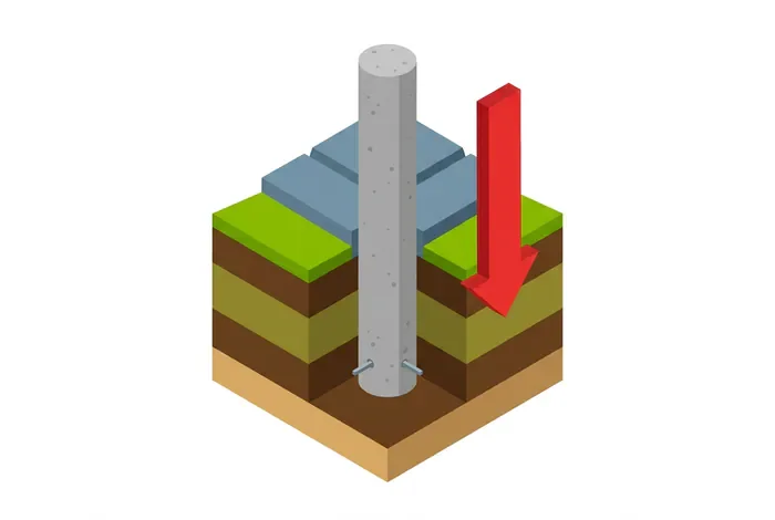 Fondation sur Pilotis Béton : Étapes & Prix 2026 - 5 Étapes pour Réussir vos Pilotis Béton (Prix 2026) - Comment Faire une Fondation sur Pilotis en Béton ? Schéma vectoriel d'un pilotis en béton ancré dans le sol