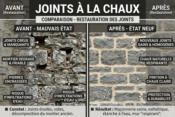 Joint à la chaux pour mur en pierre : dosages et pose - Joints à la chaux : réussissez votre mur en 5 étapes - Comment réussir un joint à la chaux sur mur en pierre ? Infographie avant-après rénovation des joints à la chaux sur un mur en pierre