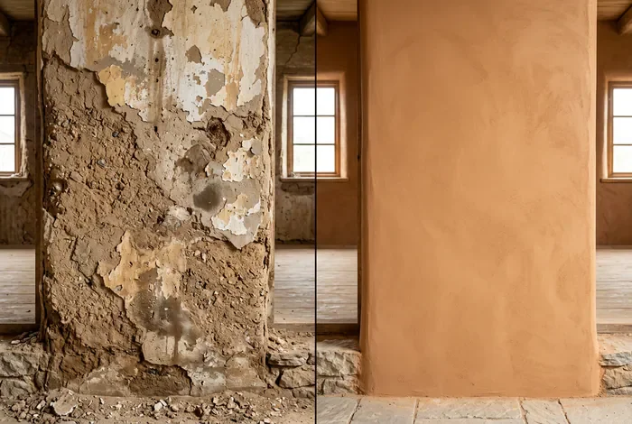 Mur en pisé intérieur : comment le rénover sans risque - Rénover un mur en pisé intérieur : les 3 règles d'or - Comment rénover et isoler un mur en pisé intérieur ? Comparatif avant et après rénovation d'un mur en pisé endommagé