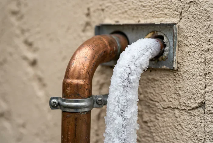 Petit tuyau de la clim qui givre : solutions - Clim qui givre : 4 causes et que faire vite ! - Petit tuyau de clim gelé ? Diagnostic rapide Gros plan macro sur un tuyau en cuivre de climatisation recouvert de givre épais