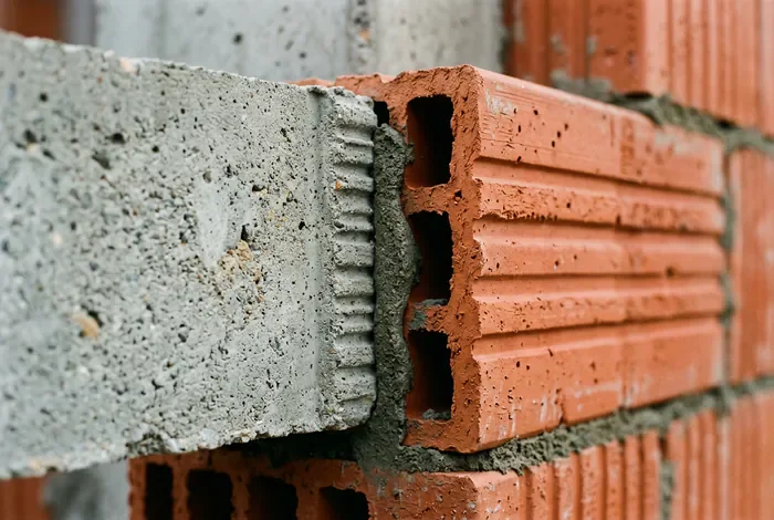 Plafond en hourdis brique : Prix, pose et avantages - Plafond Hourdis Brique : Le Guide Complet 2026 - Pourquoi choisir un plafond en hourdis brique ? Gros plan sur l'emboîtement d'une poutrelle béton et d'un hourdis en terre cuite rouge